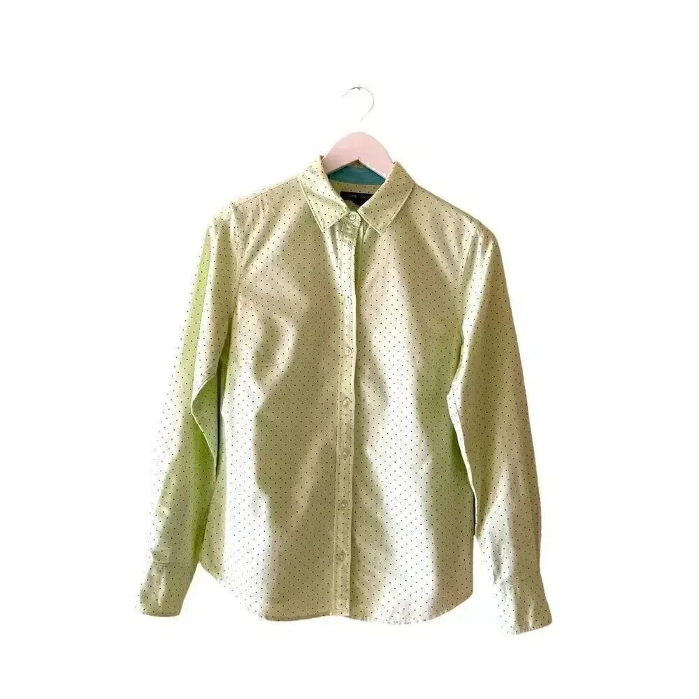 Lands’ End Button Down Collar Green Blue Polka Dots Long Sleeves Women Blouse 4